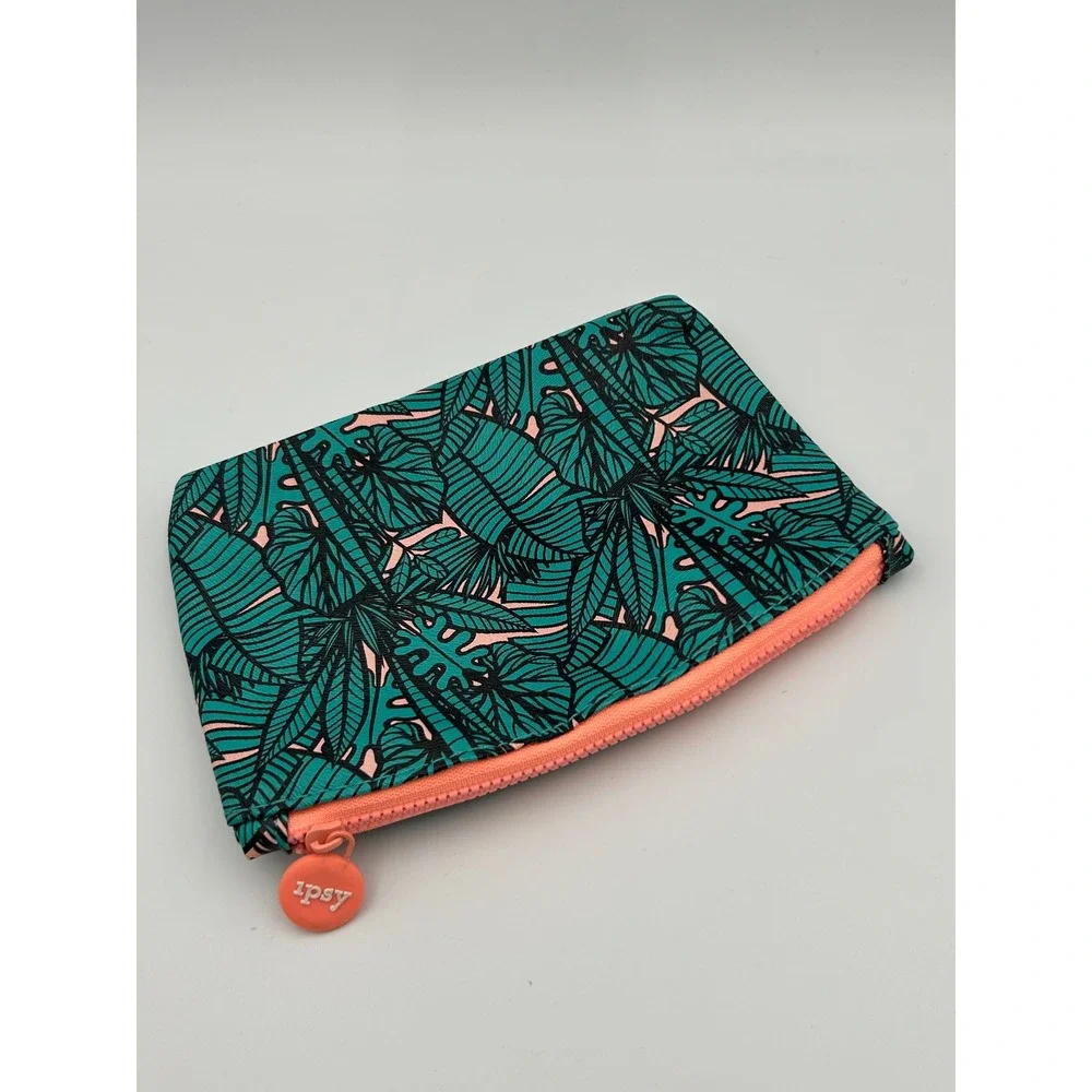 Ipsy Tropical Palm Leaf Makeup Bag Teal Pink Zippered Cosmetic Pouch